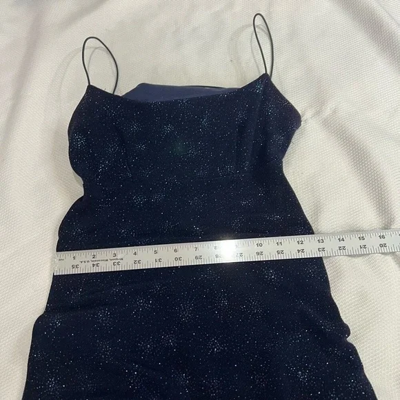 90s‎ Y2K Navy Blue Turquoise Sparkly Starburst Low Back Spaghetti Strap Dress - Picture 9 of 13
